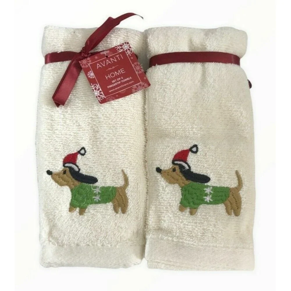 Avanti Christmas Dachshund Fingertip Towel Set Of 2 Ivory Doxie Hot Dog Holiday